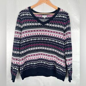 Croft & Barrow Fair‎ Isle V-Neck Knit Sweater Navy Pink White Women’s XL